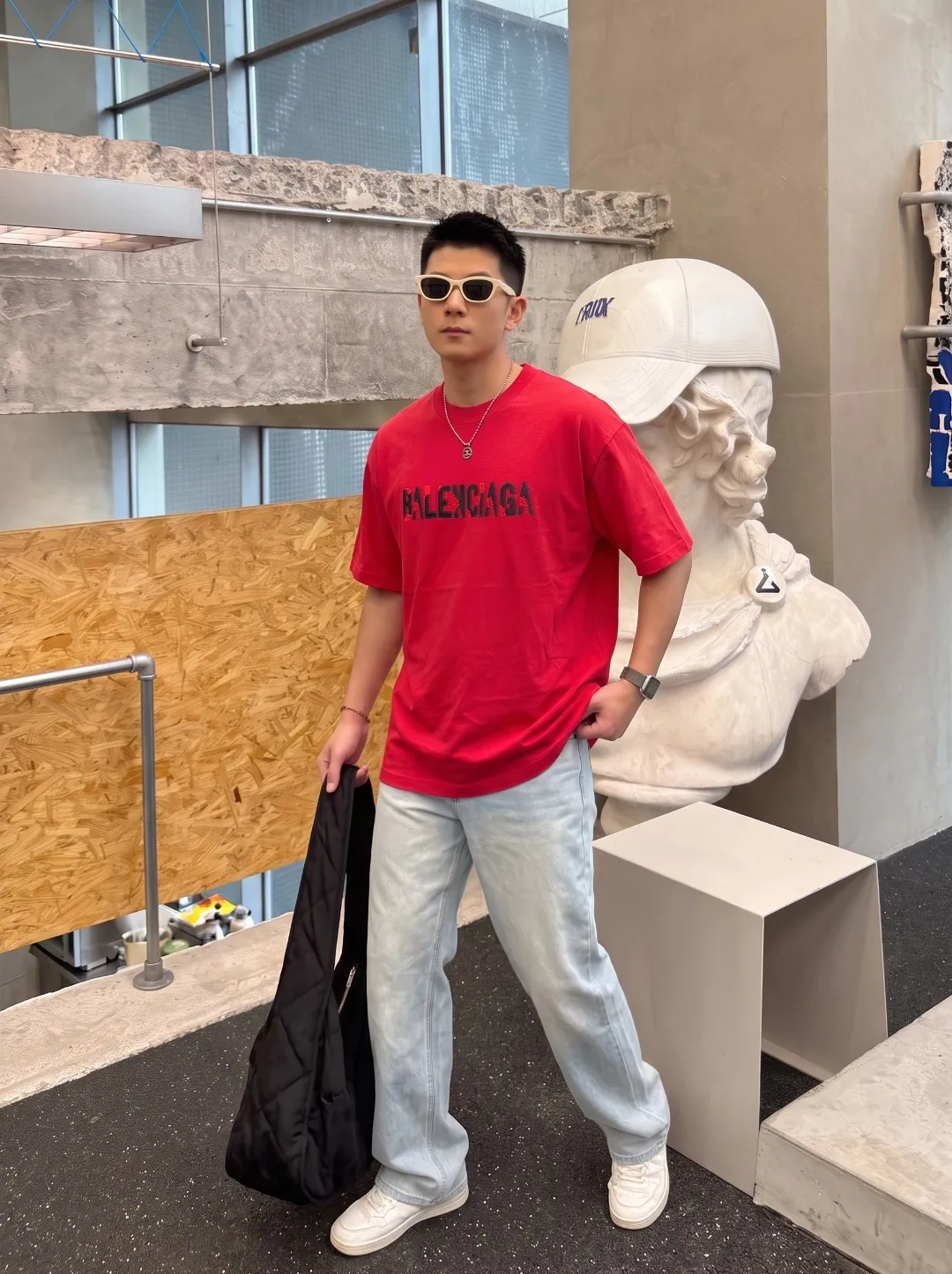 P100✨🔥 [BALENCIAGA] 2026FW short-sleeved T-shirt Premium 26s double yarn 300g fabric embroidery fraying process Color: Black White Red Size: S M L XL 2XL